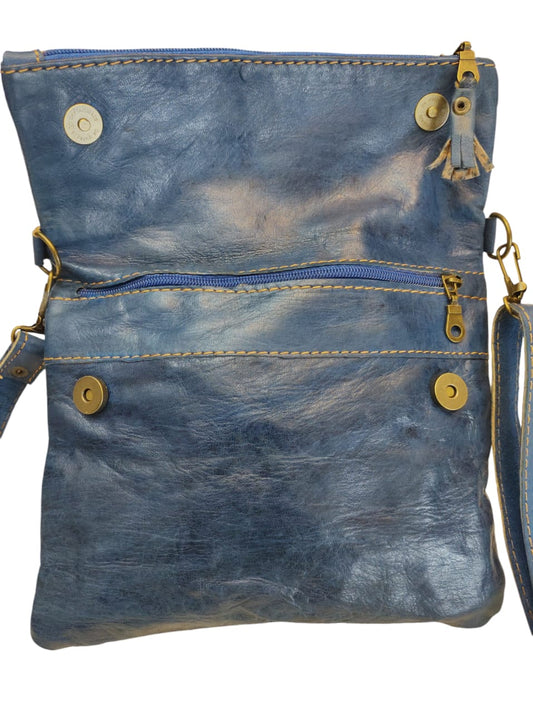 Bandolera de cuero natural color azul - Nadia