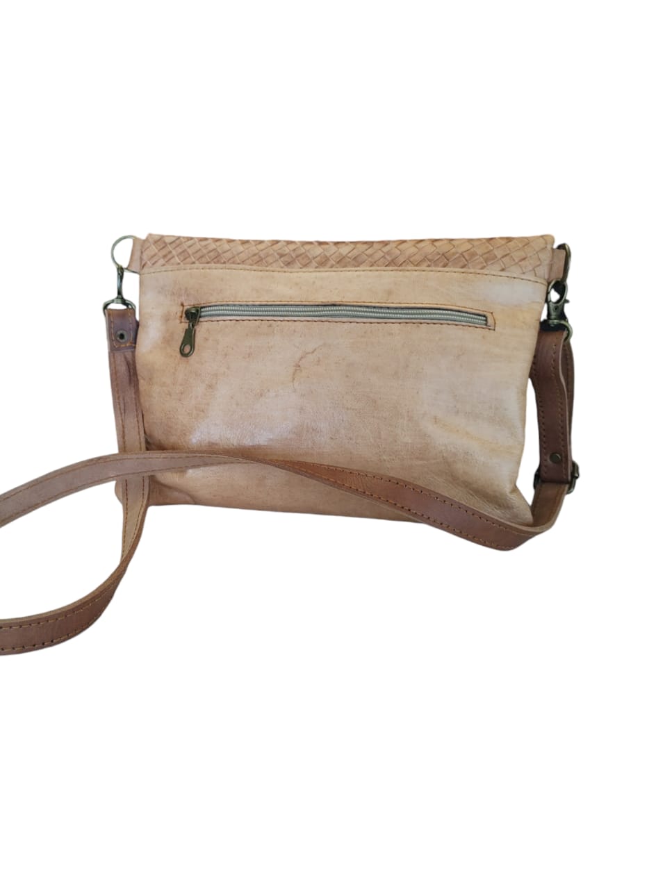 Bandolera de cuero natural tejido color barquillo – Badra