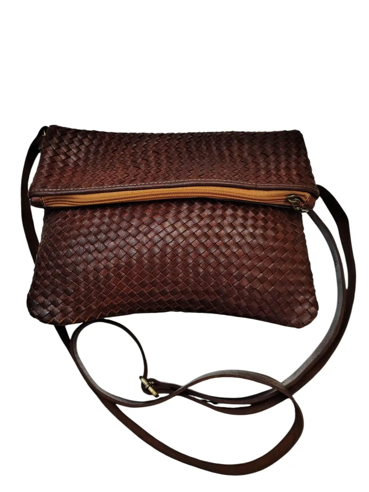 Bandolera de cuero natural tejido color terracota - Badra