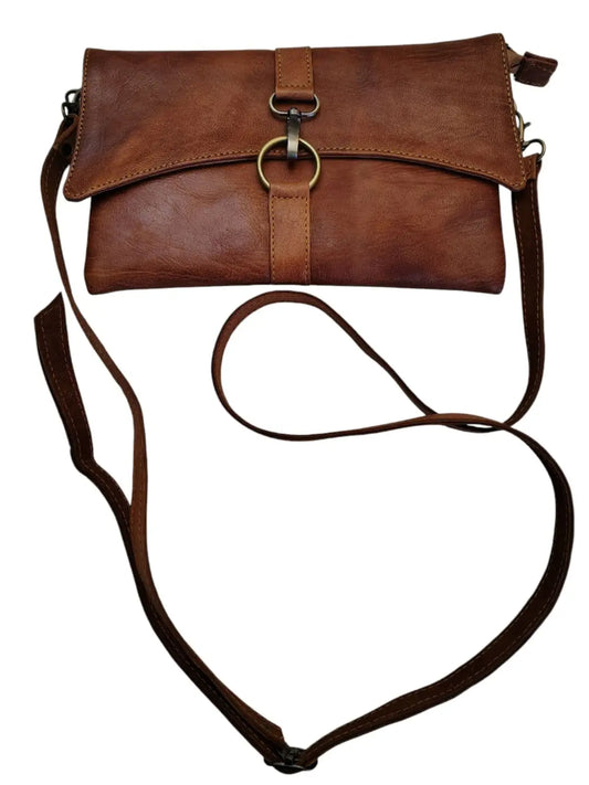 Bandolera de cuero natural color café - Samira