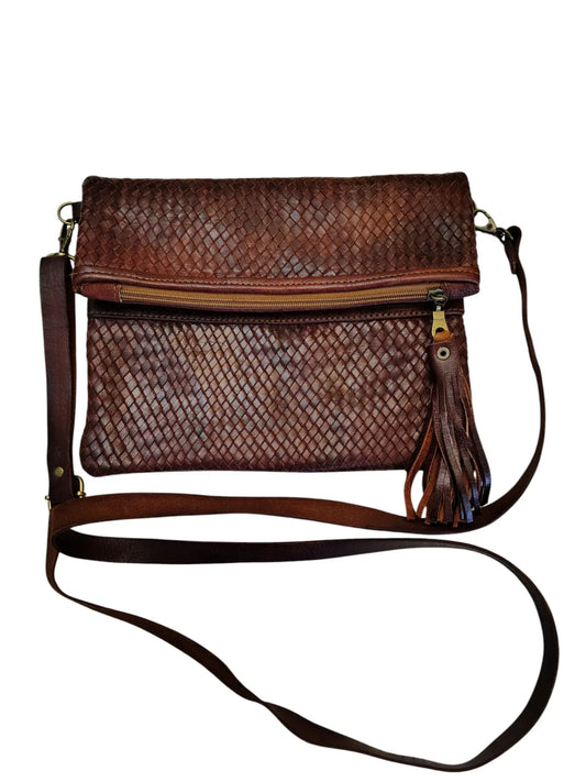 Bandolera de cuero natural tejido color terracota - Badra