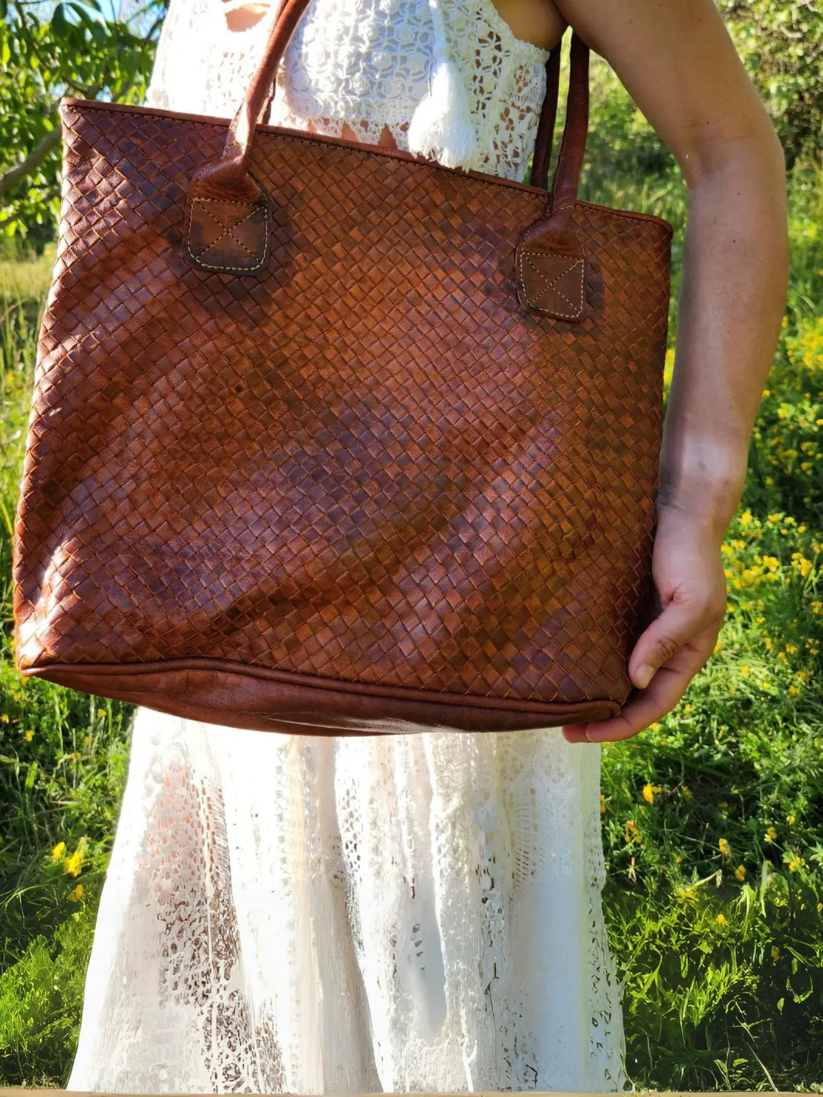Tote Bag de cuero natural tejido color terracota - Zafira