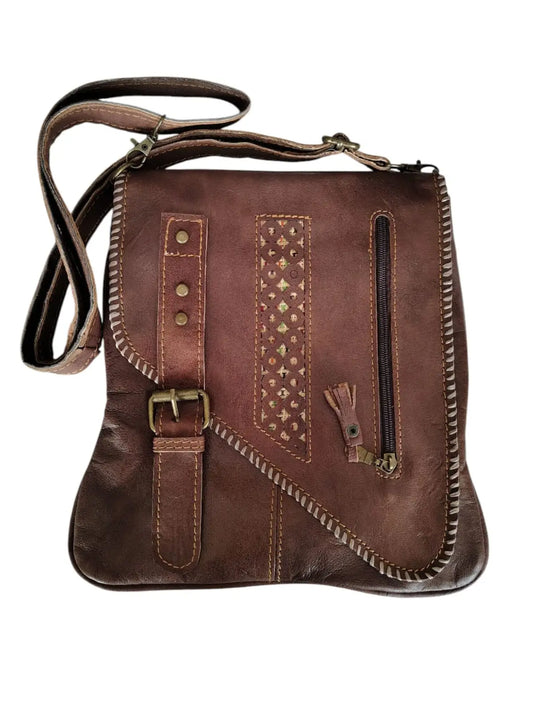 Cartera de cuero natural color café - Leyla