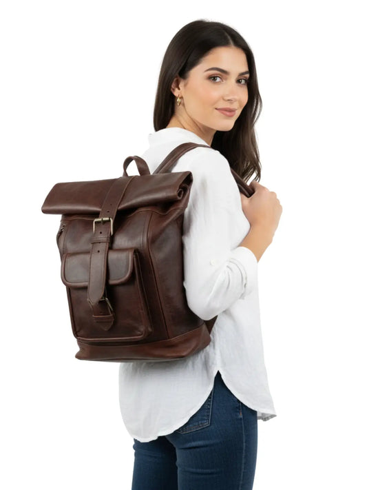 Mochila de cuero natural unisex color café moro - Rashid