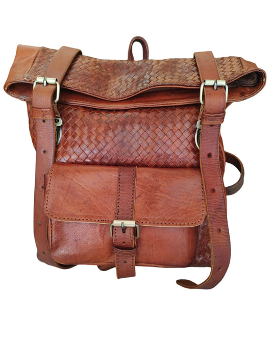 Mochila de cuero natural tejida color terracota- Ghaada