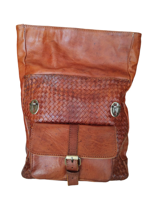 Mochila de cuero natural tejida color terracota- Ghaada