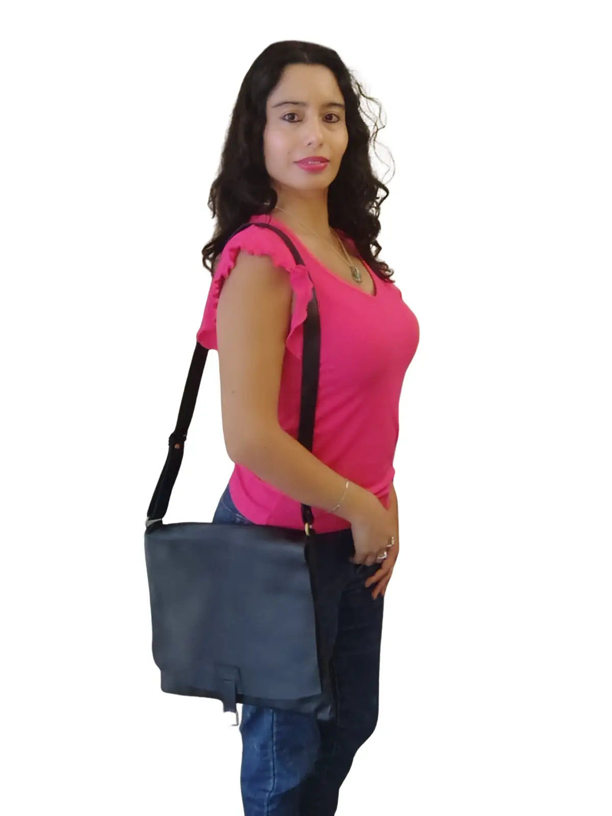 Bandolera de cuero natural color negro - Amira