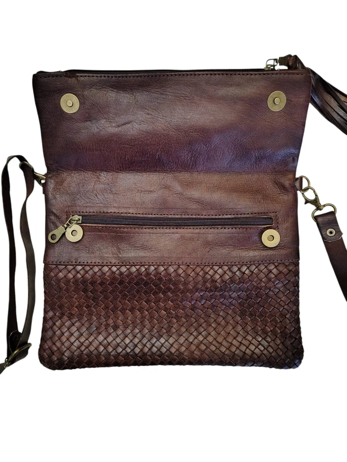 Bandolera de cuero natural tejido color café - Badra