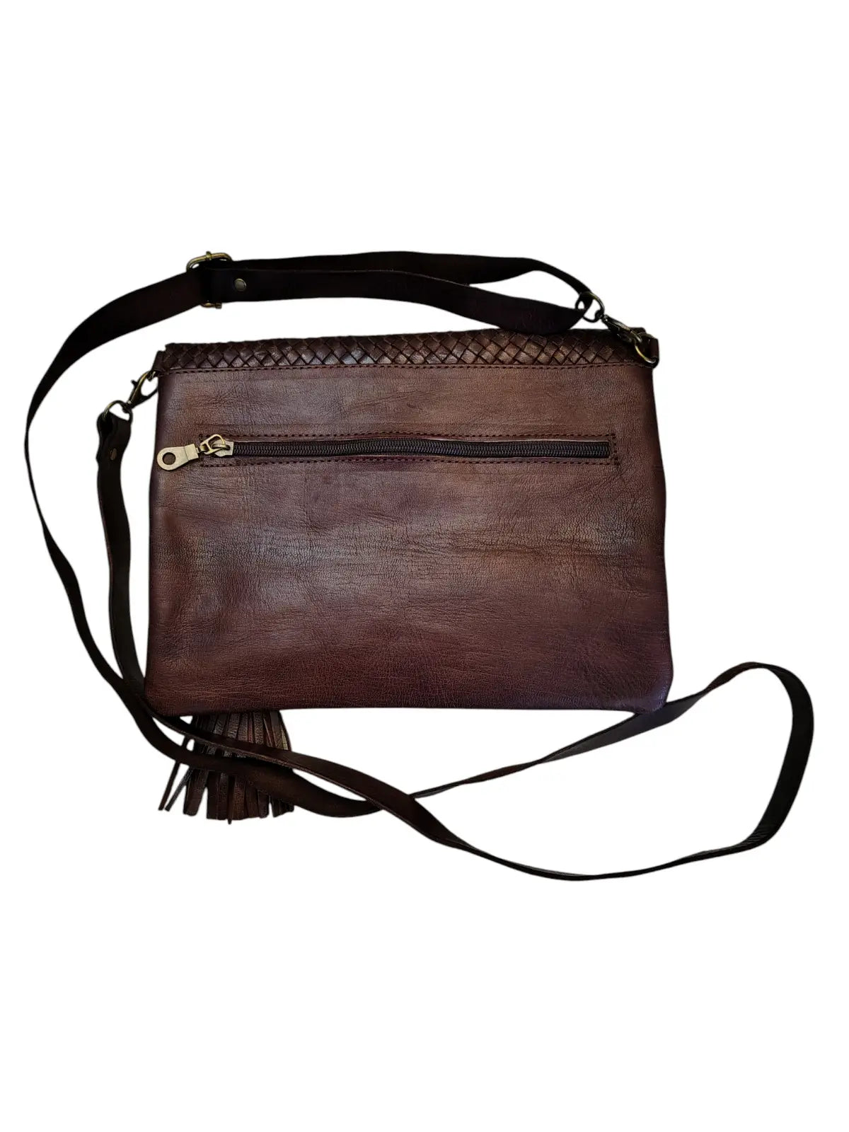 Bandolera de cuero natural tejido color café - Badra