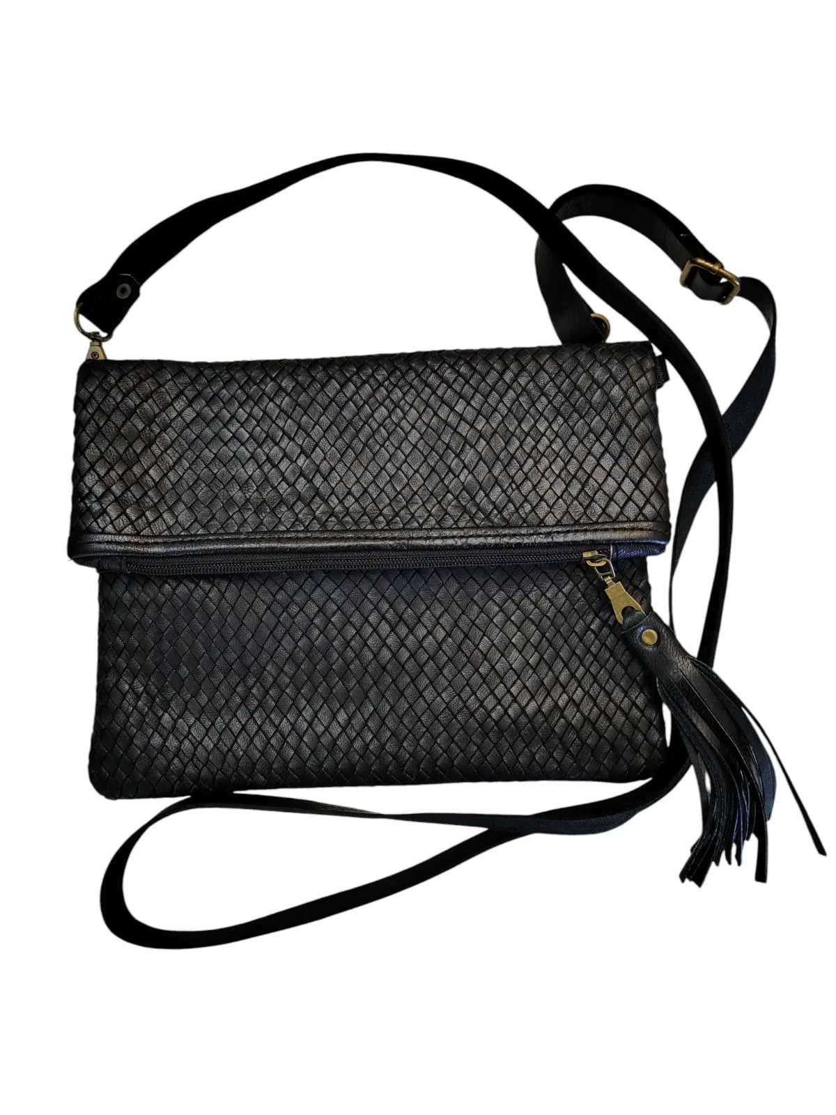 Bandolera de cuero natural tejido color negro – Badra