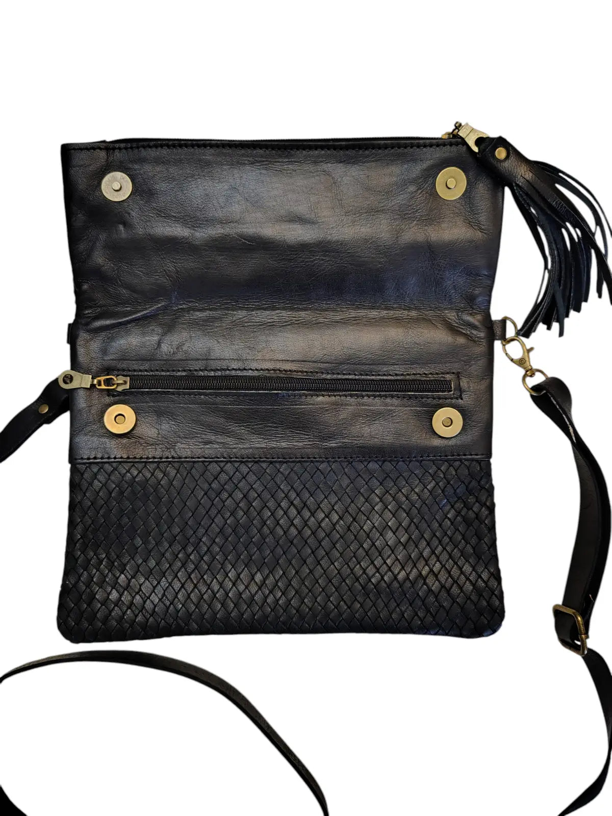 Bandolera de cuero natural tejido color negro – Badra