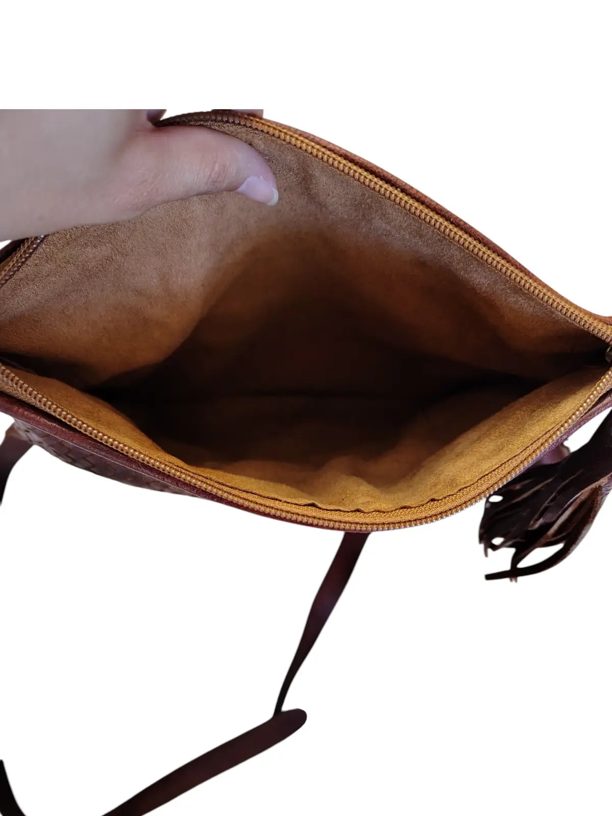 Bandolera de cuero natural tejido color terracota - Badra