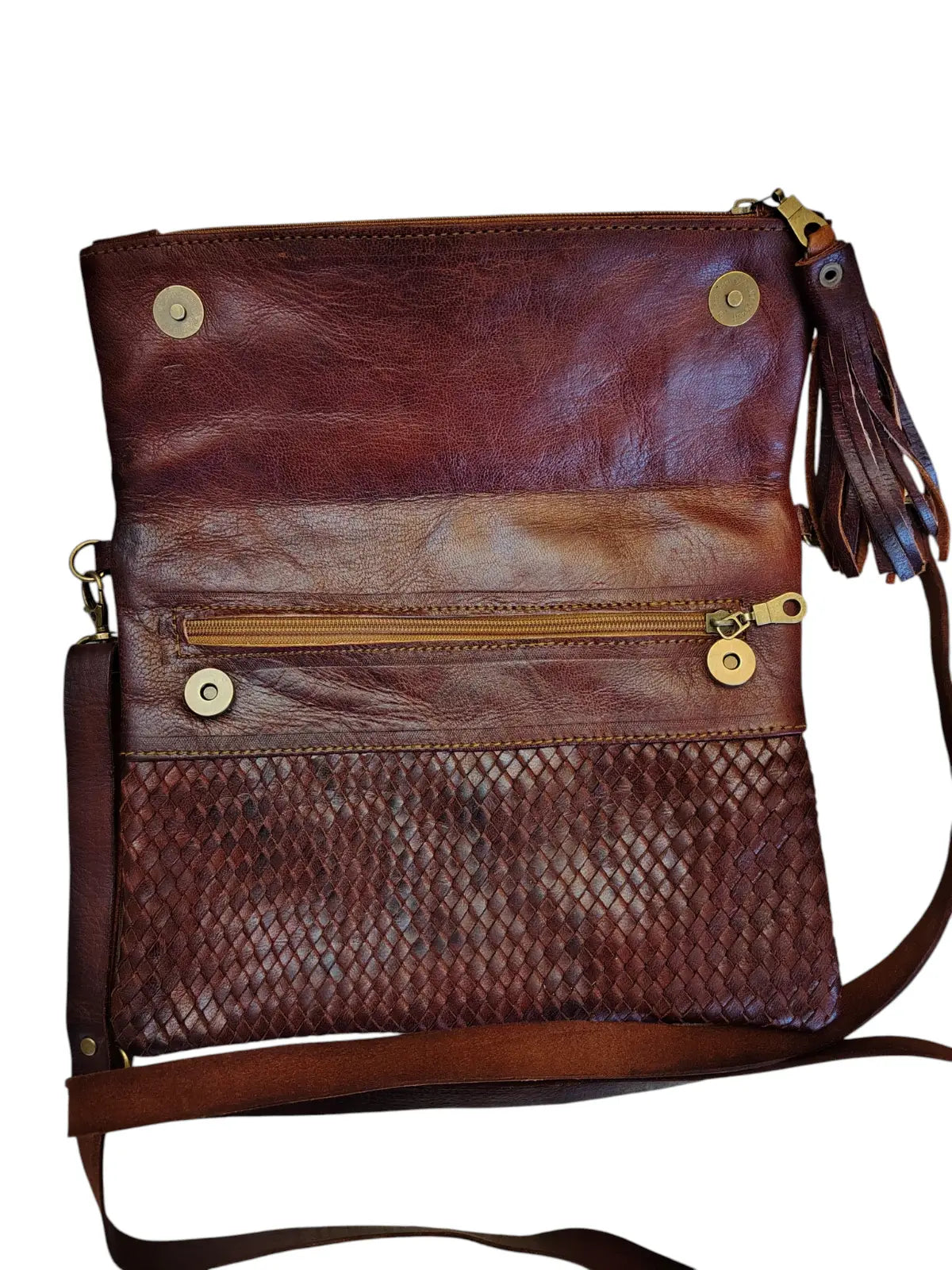 Bandolera de cuero natural tejido color terracota - Badra