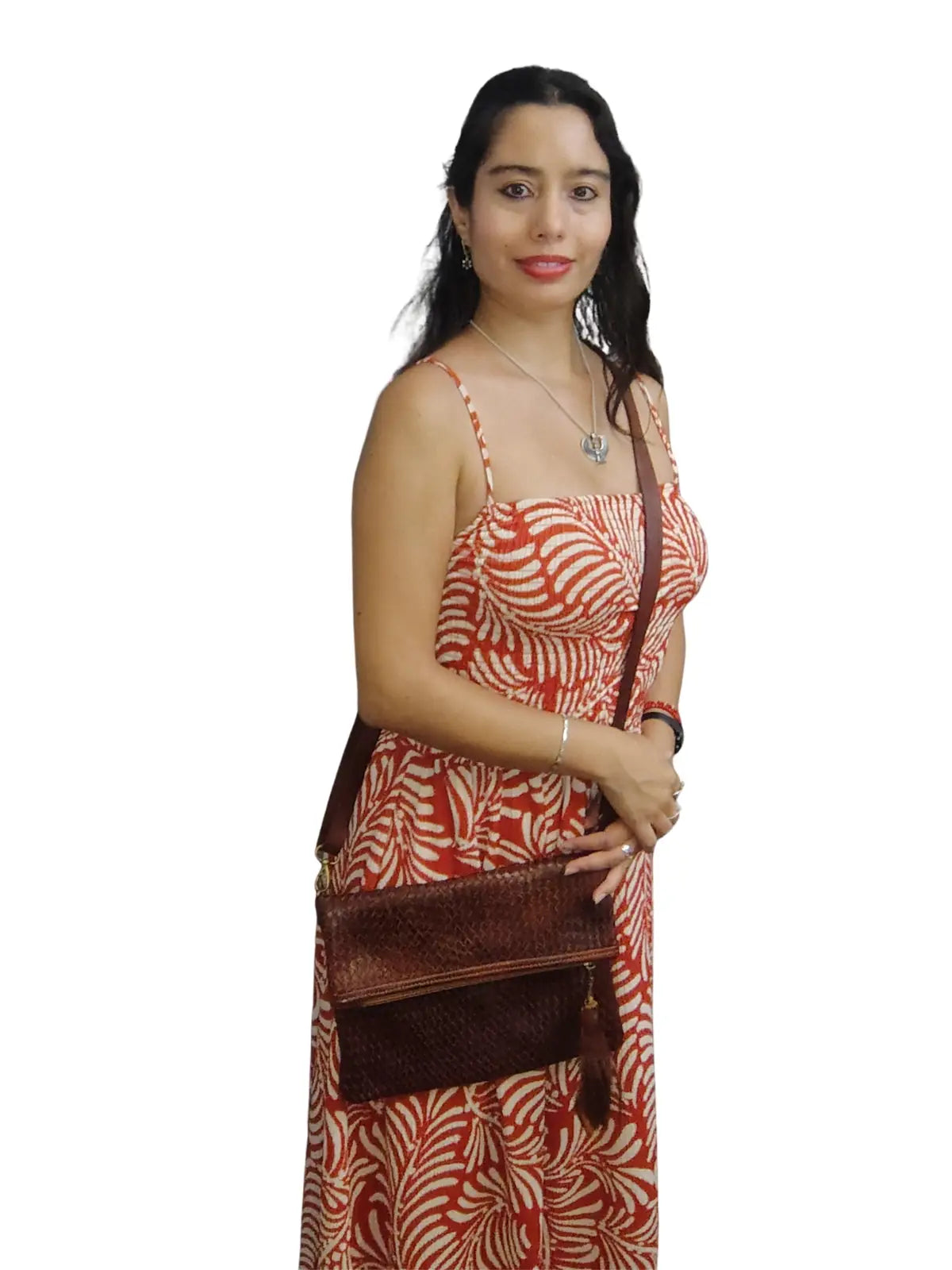 Bandolera de cuero natural tejido color terracota - Badra