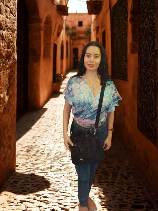 Cartera de cuero natural gamuza color negro - Saida