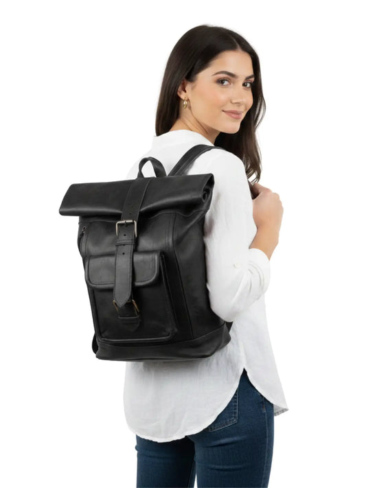 Mochila de cuero natural unisex color negro - Rashid