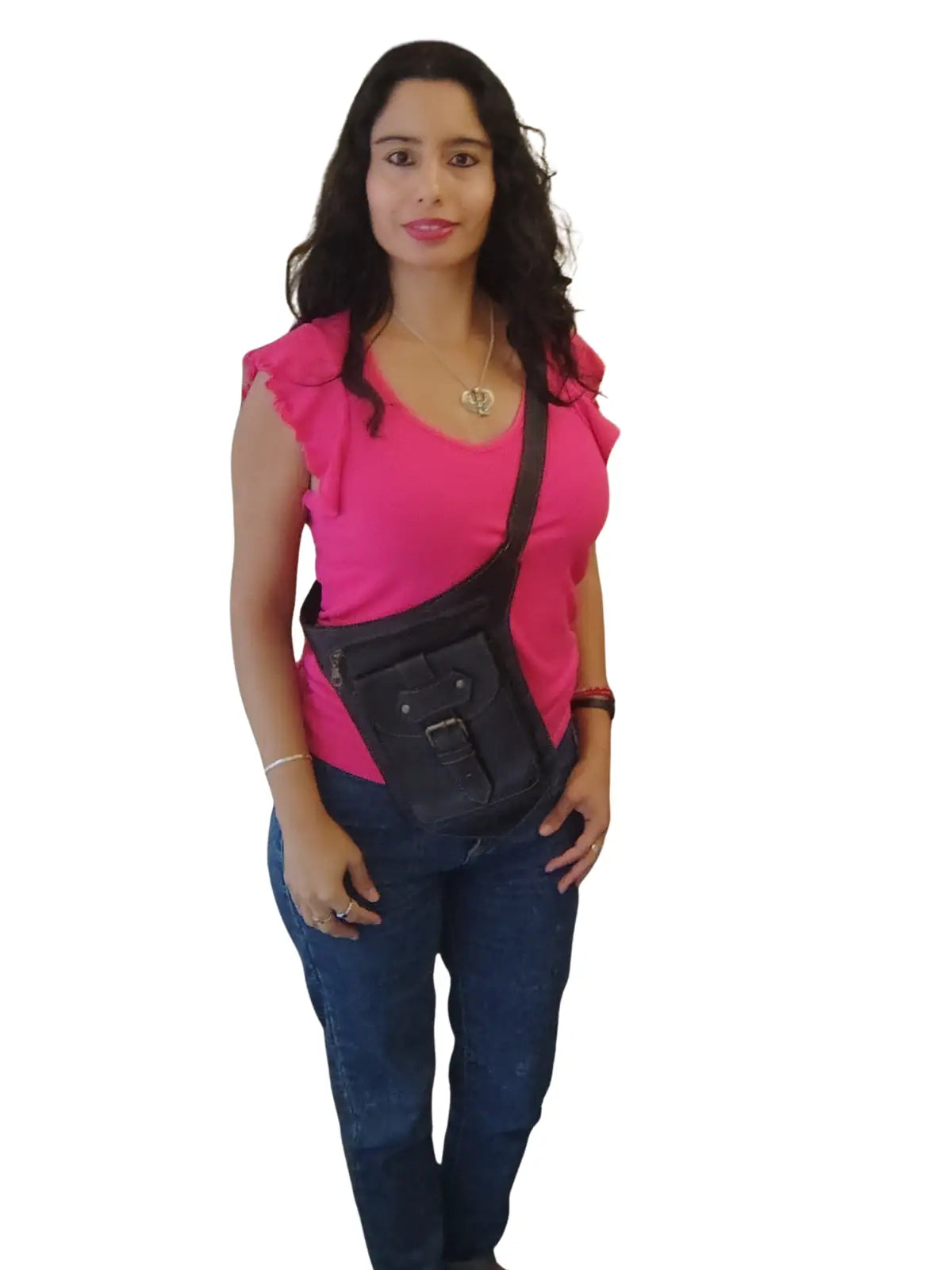 Riñonera de cuero natural color negro