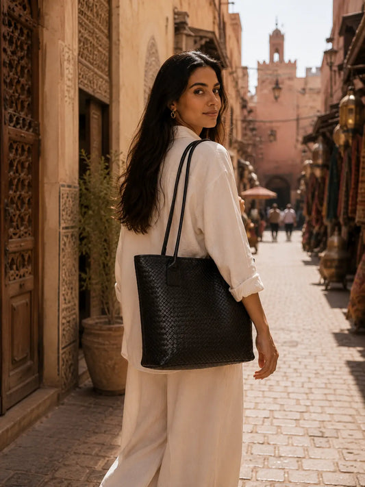 Tote Bag de cuero natural tejido color negro – Zafira